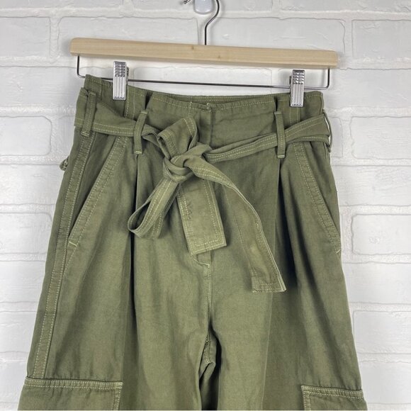 ❌SOLD❌ Aritzia Wide leg Cargo Pants linen cotton olive green tie front size 2 - Picture 4 of 13